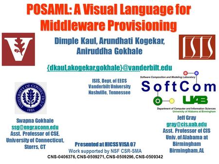 POSAML: A Visual Language for Middleware Provisioning Dimple Kaul, Arundhati Kogekar, Aniruddha Gokhale ISIS, Dept.