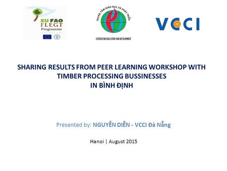 SHARING RESULTS FROM PEER LEARNING WORKSHOP WITH TIMBER PROCESSING BUSSINESSES IN BÌNH ĐỊNH Presented by: NGUYỄN DIỄN - VCCI Đà Nẵng Hanoi | August 2015.