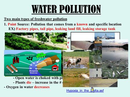 Two main types of freshwater pollution 1. Point Source: Pollution that comes from a known and specific location EX) Factory pipes, tail pipe, leaking land.