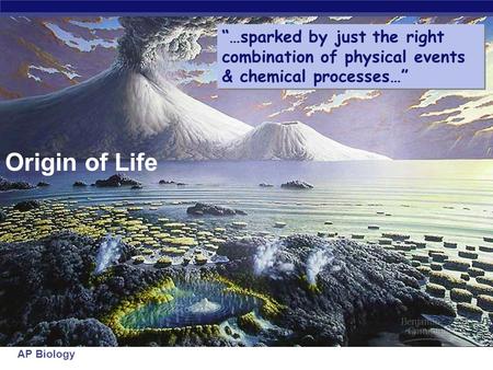 AP Biology Origin of Life “…sparked by just the right combination of physical events & chemical processes…”