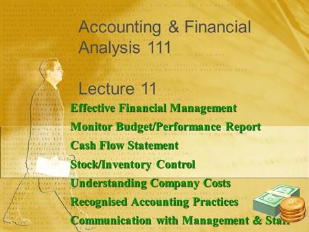 Accounting & Financial Analysis 111 Lecture 11 Effective Financial Management Monitor Budget/Performance Report Cash Flow Statement Stock/Inventory Control.