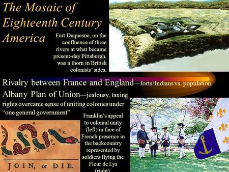 Rivalry between France and England —forts/Indians vs. population Albany Plan of Union —jealousy, taxing rights overcame sense of uniting colonies under.