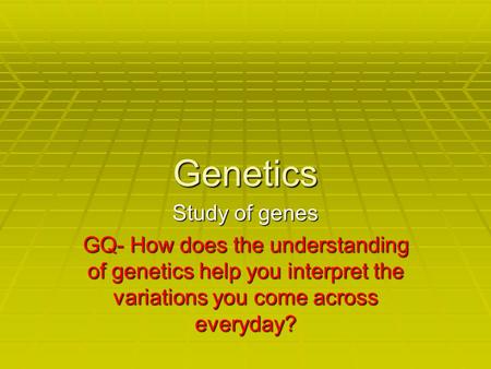 Genetics Study of genes GQ- How does the understanding of genetics help you interpret the variations you come across everyday?