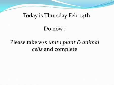 Today is Thursday Feb. 14th Do now : Please take w/s unit 1 plant & animal cells and complete.