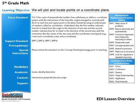 READY TO TEACH SM EDI ® Lessons ©2013 All rights reserved. EDI Lesson Overview 5 th Grade Math Learning Objective: We will plot and locate points on a.