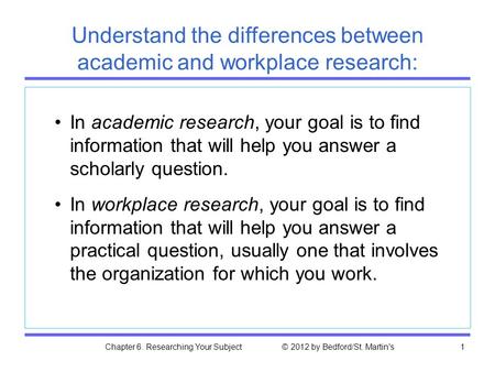 Chapter 6. Researching Your Subject © 2012 by Bedford/St. Martin's1 Understand the differences between academic and workplace research: In academic research,