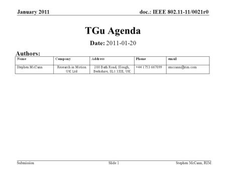 Doc.: IEEE 802.11-11/0021r0 Submission January 2011 Stephen McCann, RIMSlide 1 TGu Agenda Date: 2011-01-20 Authors: