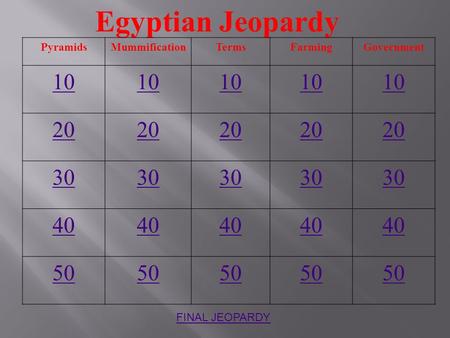 Egyptian Jeopardy PyramidsMummificationTermsFarmingGovernment 10 20 30 40 50 FINAL JEOPARDY.