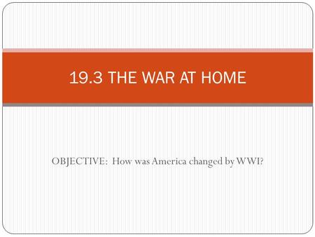 OBJECTIVE: How was America changed by WWI? 19.3 THE WAR AT HOME.