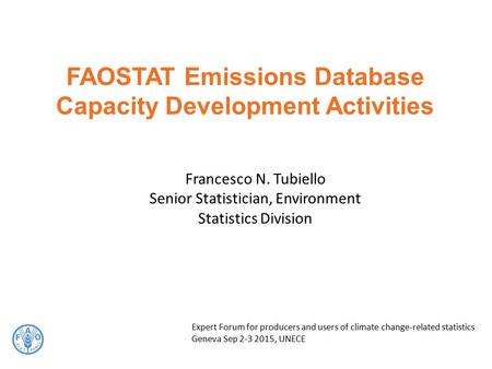 FAOSTAT Emissions Database Capacity Development Activities Francesco N. Tubiello Senior Statistician, Environment Statistics Division Expert Forum for.