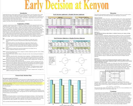 Kenyon Early Decision Plans Why should you apply Early Decision? Candidates who feel strongly that Kenyon is their first choice for college should apply.