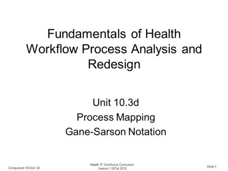 Component 10/Unit 3d Slide 1 Health IT Workforce Curriculum Version 1.0/Fal 2010 Fundamentals of Health Workflow Process Analysis and Redesign Unit 10.3d.