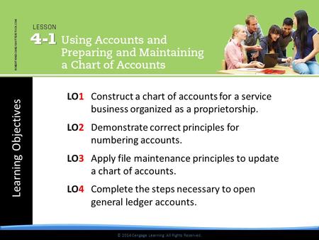 Learning Objectives © 2014 Cengage Learning. All Rights Reserved. LO1Construct a chart of accounts for a service business organized as a proprietorship.