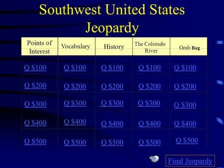 Southwest United States Jeopardy Points of Interest Vocabulary History The Colorado River Q $100 Q $200 Q $300 Q $400 Q $500 Q $100 Q $200 Q $300 Q $400.