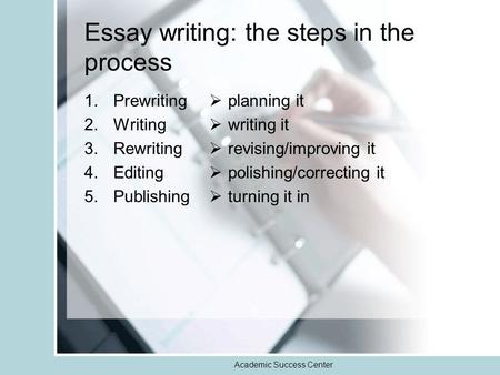 Academic Success Center Essay writing: the steps in the process 1.Prewriting 2.Writing 3.Rewriting 4.Editing 5.Publishing  planning it  writing it 