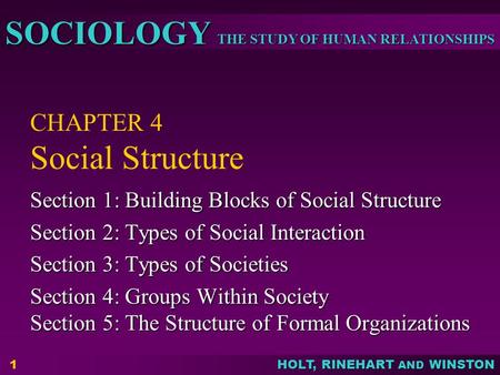 THE STUDY OF HUMAN RELATIONSHIPS SOCIOLOGY HOLT, RINEHART AND WINSTON 1 CHAPTER 4 Social Structure Section 1: Building Blocks of Social Structure Section.