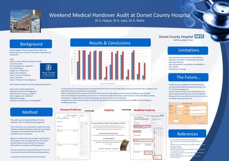 Weekend Medical Handover Audit at Dorset County Hospital Dr S. Haque, Dr K. Lees, Dr A. Melia Background Royal College of Physicians guidelines state the.