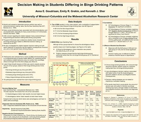 Decision Making in Students Differing in Binge Drinking Patterns Anna E. Goudriaan, Emily R. Grekin, and Kenneth J. Sher University of Missouri-Columbia.