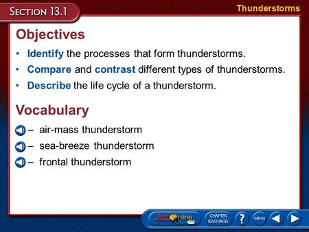 Objectives Identify the processes that form thunderstorms. Thunderstorms Compare and contrast different types of thunderstorms. Describe the life cycle.