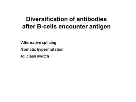 Diversification of antibodies after B-cells encounter antigen Alternative splicing Somatic hypermutation Ig. class switch.
