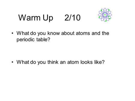 Warm Up 2/10 What do you know about atoms and the periodic table? What do you think an atom looks like?