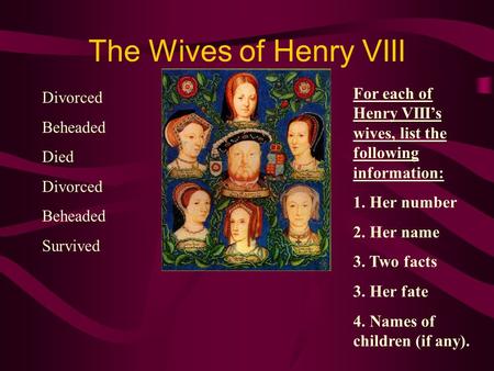 The Wives of Henry VIII For each of Henry VIII’s wives, list the following information: 1. Her number 2. Her name 3. Two facts 3. Her fate 4. Names of.