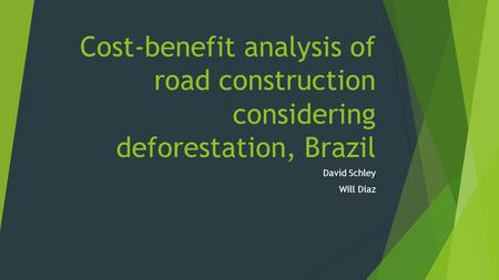 Cost-benefit analysis of road construction considering deforestation, Brazil David Schley Will Diaz.