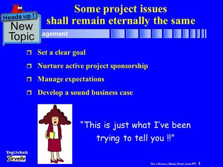 File: e-Business_Eternal_Project_Issues.PPT 1 Yogi Schulz Project Management Some project issues shall remain eternally the same r Set a clear goal r Nurture.