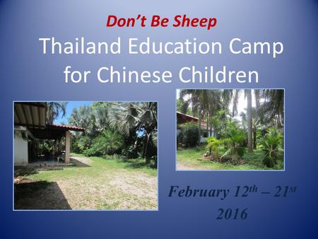 Don’t Be Sheep Thailand Education Camp for Chinese Children February 12 th – 21 st 2016.