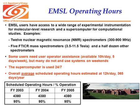 Office of Science U.S. Department of Energy EMSL Operating Hours EMSL users have access to a wide range of experimental instrumentation for molecular-level.