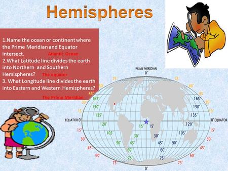 Hemispheres Name the ocean or continent where the Prime Meridian and Equator intersect. What Latitude line divides the earth into Northern and Southern.