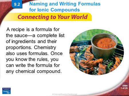 © Copyright Pearson Prentice Hall Slide 1 of 29 Naming and Writing Formulas for Ionic Compounds A recipe is a formula for the sauce—a complete list of.