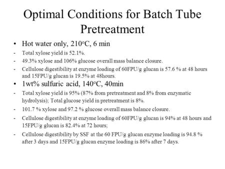 Optimal Conditions for Batch Tube Pretreatment Hot water only, 210 o C, 6 min -Total xylose yield is 52.1%. -49.3% xylose and 106% glucose overall mass.