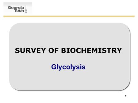 1 SURVEY OF BIOCHEMISTRY Glycolysis. 2 Glycolysis Overview Glycolysis: breakdown of glucose into pyruvate with net production of ATP Occurs in cytosol.
