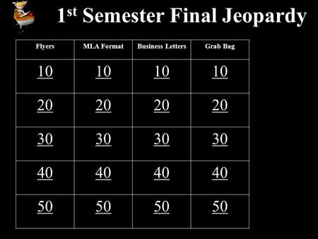 1 st Semester Final Jeopardy FlyersMLA FormatBusiness LettersGrab Bag 10 20 30 40 50.