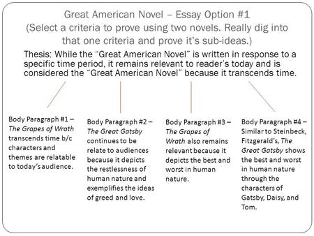 Great American Novel – Essay Option #1 (Select a criteria to prove using two novels. Really dig into that one criteria and prove it’s sub-ideas.) Thesis: