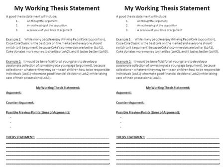 My Working Thesis Statement A good thesis statement will include: 1.An thoughtful argument 2.An addressing of the opposition 3.A preview of your lines.