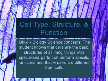 Cell Type, Structure, & Function Bio.4 - Biology Science concepts. The student knows that cells are the basic structures of all living things with specialized.