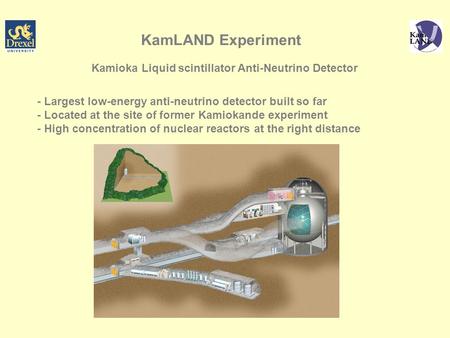 KamLAND Experiment Kamioka Liquid scintillator Anti-Neutrino Detector - Largest low-energy anti-neutrino detector built so far - Located at the site of.