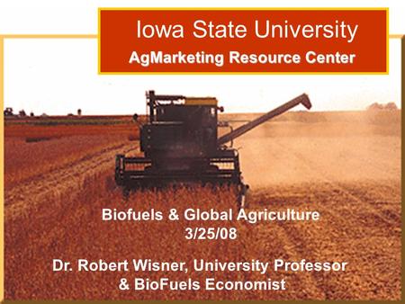 Dr. Robert Wisner: Grain Outlook 3/15/06 Iowa State University AgMarketing Resource Center AgMarketing Resource Center Biofuels & Global Agriculture 3/25/08.