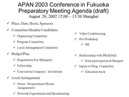 APAN 2003 Conference in Fukuoka Preparatory Meeting Agenda (draft) August 28, 2002 12:00 – 13:30 Shanghai Place, Date, Hosts, Sponsors Committee Member.