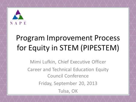 Program Improvement Process for Equity in STEM (PIPESTEM) Mimi Lufkin, Chief Executive Officer Career and Technical Education Equity Council Conference.