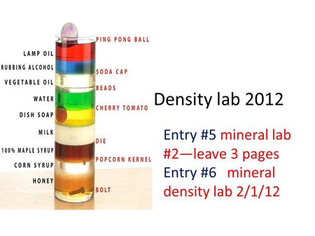 Density lab 2012 Entry #5 mineral lab #2—leave 3 pages Entry #6 mineral density lab 2/1/12.