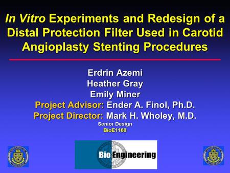 In Vitro Experiments and Redesign of a Distal Protection Filter Used in Carotid Angioplasty Stenting Procedures Erdrin Azemi Heather Gray Emily Miner Project.