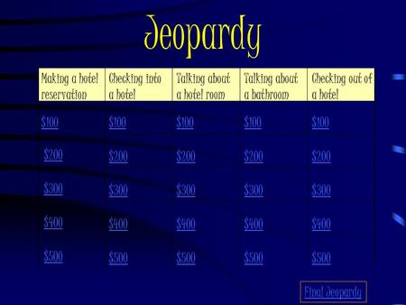 Jeopardy Making a hotel reservation Checking into a hotel Talking about a hotel room Talking about a bathroom Checking out of a hotel $100 $200 $300 $400.