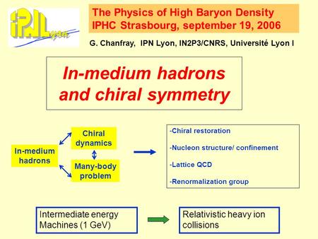In-medium hadrons and chiral symmetry G. Chanfray, IPN Lyon, IN2P3/CNRS, Université Lyon I The Physics of High Baryon Density IPHC Strasbourg, september.
