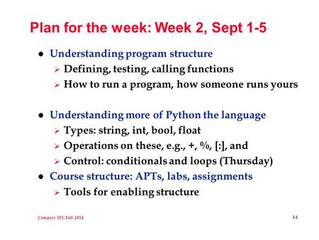 Compsci 101, Fall 2014 3.1 Plan for the week: Week 2, Sept 1-5 l Understanding program structure  Defining, testing, calling functions  How to run a.