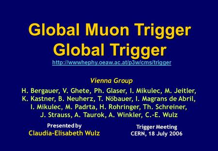 Vienna Group Trigger Meeting CERN, 18 July 2006 Presented by Claudia-Elisabeth Wulz Global Muon Trigger Global.