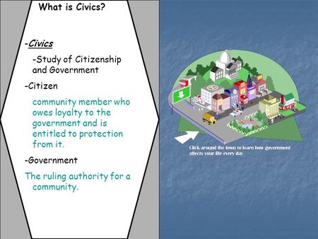 What is Civics? -Civics -Study of Citizenship and Government -Citizen