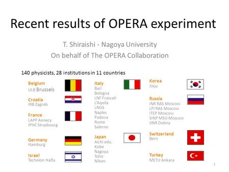 Recent results of OPERA experiment T. Shiraishi - Nagoya University On behalf of The OPERA Collaboration Belgium ULB Brussels Croatia IRB Zagreb France.